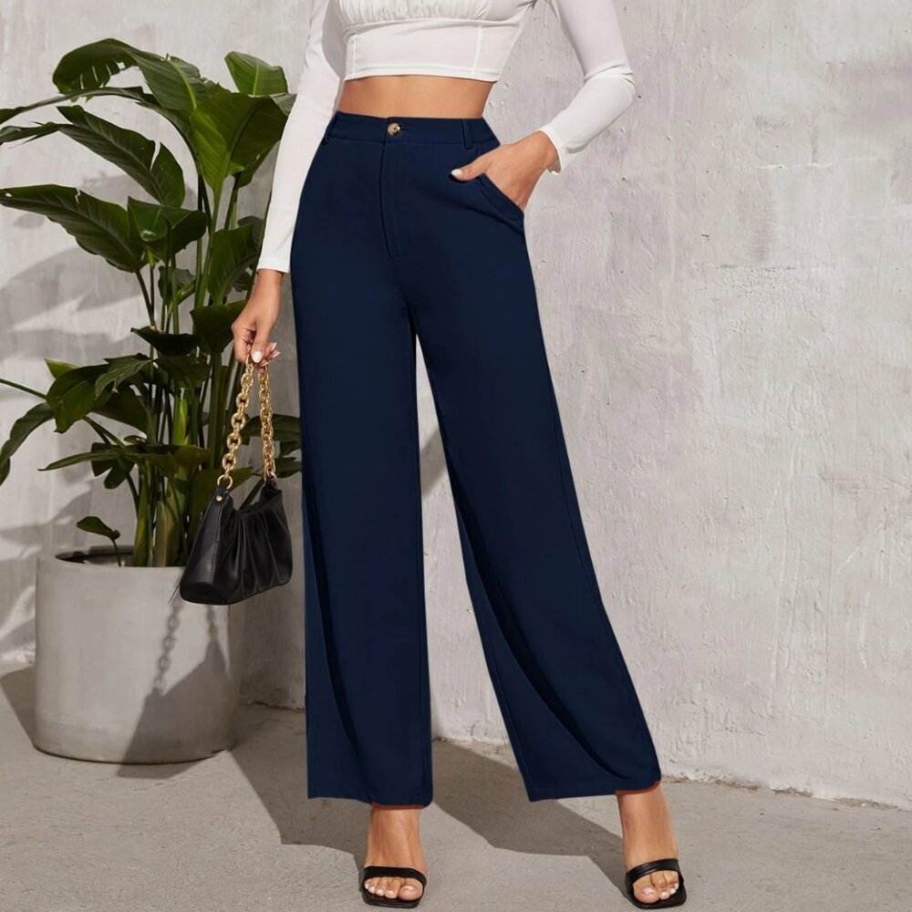 💚 Navy Blue High Waist Straight Leg Elegant Pants – Size: M-L